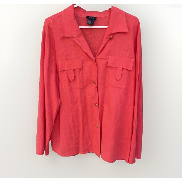 RQT Tops - Linen Blend Coastal Coral Pink Button Down Women's Shirt Preppy Resort Wear 16